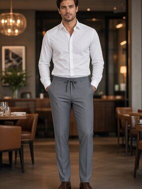 Dylan Gray Men Grey Virgin Wool Slim-Fit Elastic Waistband Dress Pants US 33
